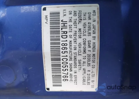 2001 Honda Cr-V Ex from USA, damaged, VIN JHLRD18651C055766